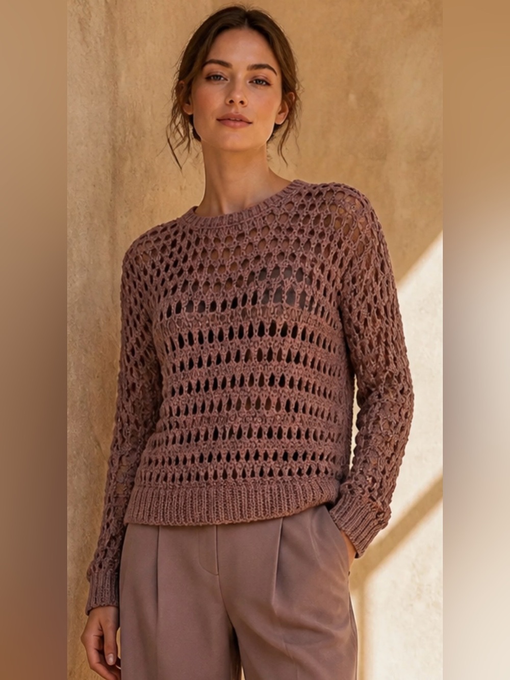Full Tilt Essentials Open Knit Crochet Sweater Muted Brown/Plum Size L
